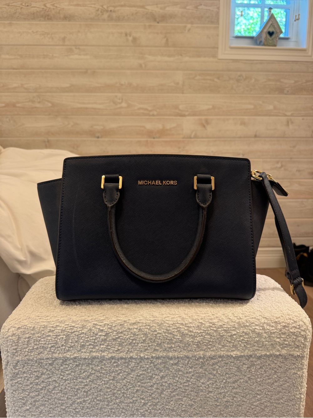 Michael Kors Navy Saffiano Satchel with Gold Hardware